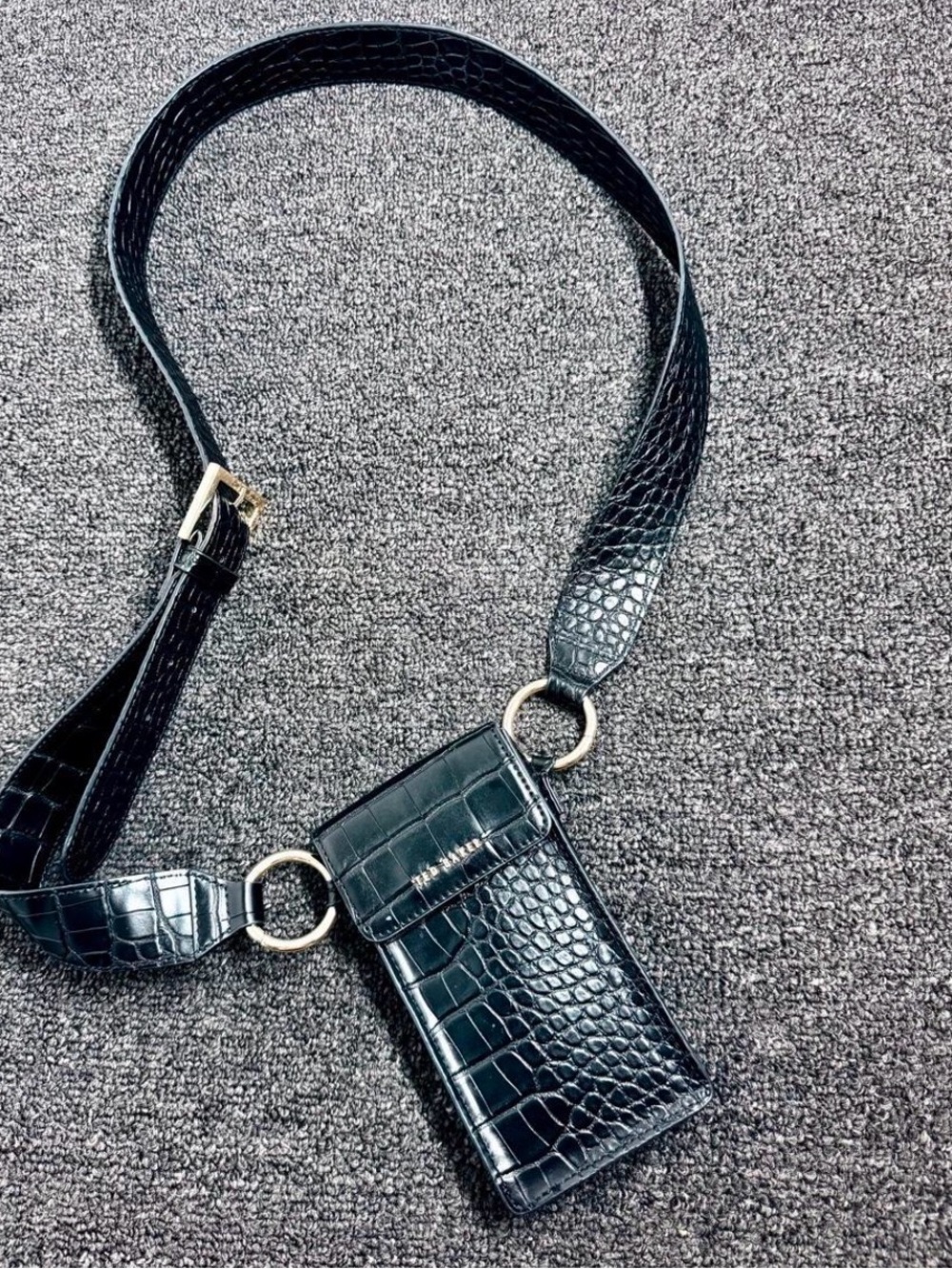Ted Baker Black Croc-Embossed Mini Crossbody Pouch with Gold Logo